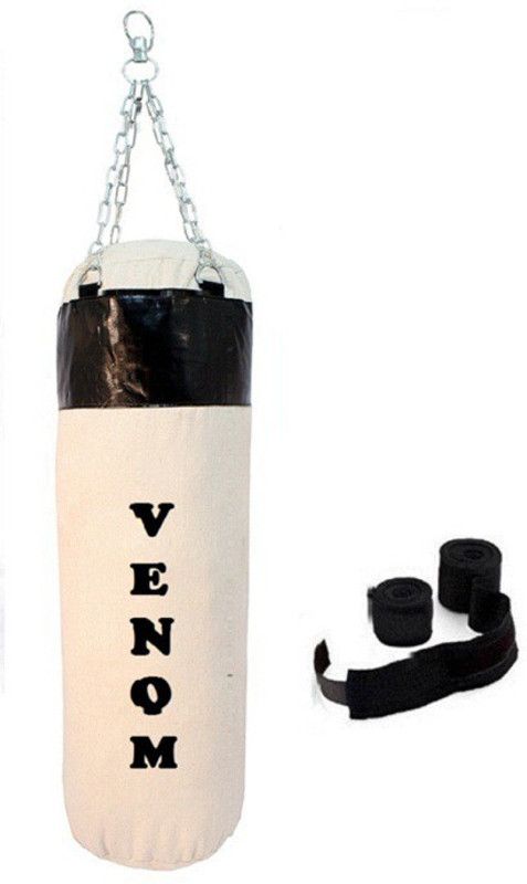 VENOM 5.0 Feet Long, CANVAS Material, White and Black Color, Unfilled with Hanging Chain and 9 Freet Long Black Color Hand Wrap Pair Boxing Kit
