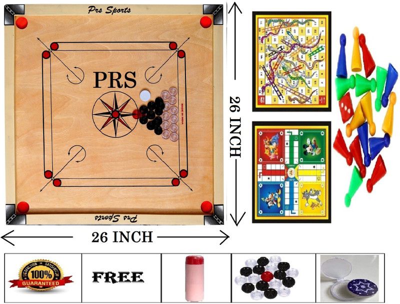 PRSSPORTS MEDIUM SIZE 26X26 INCH CARROM BOARD ( COMBO PACK) 3.5 cm Carrom Board  (Multicolor)