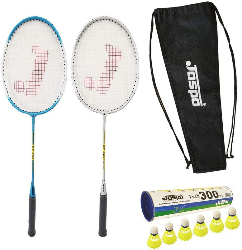 Jaspo GT-303 Intact Blue/Sliver Badminton Set(2 Badminton Racket and 6 Nylon Shuttle Cork,dori bag)) Badminton Kit