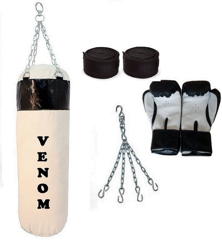 VENOM 5.5 Feet Long, CANVAS Material, White and Black Color, Unfilled with Hanging Chain with 9 Feet Long Black Color Hand Wraps Pair & Boxing Gloves Pair Boxing Kit