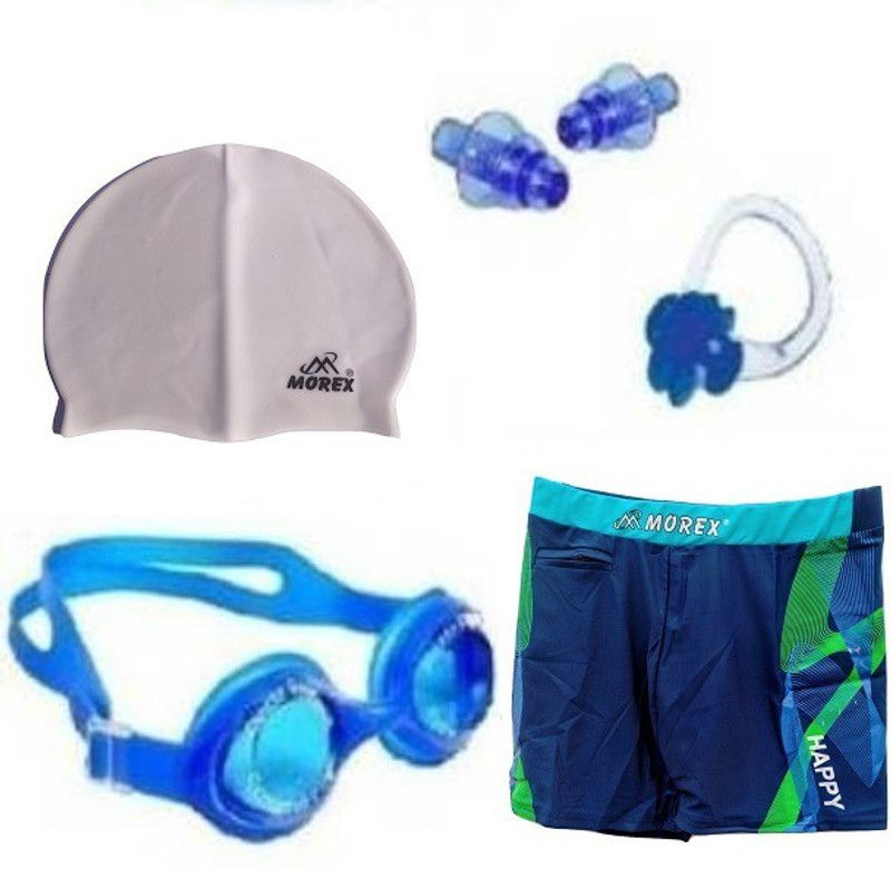 Morex ® Swimming Cap , Google , Trunks ,Ear plug & Nose Size-XL Clip CB-387 Swimming Kit