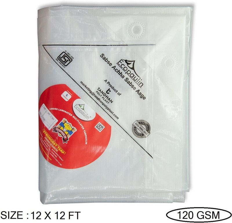 Tandhan Ecopaulin Cross Laminated Multilayer Eco-friendly 12 X 12 FT Tarpaulin Tirpal Tent - For Multipurpose Heavy Duty Waterproof Poly Tadpatri 120 Gsm Plastic Cover Tharpai  (White)