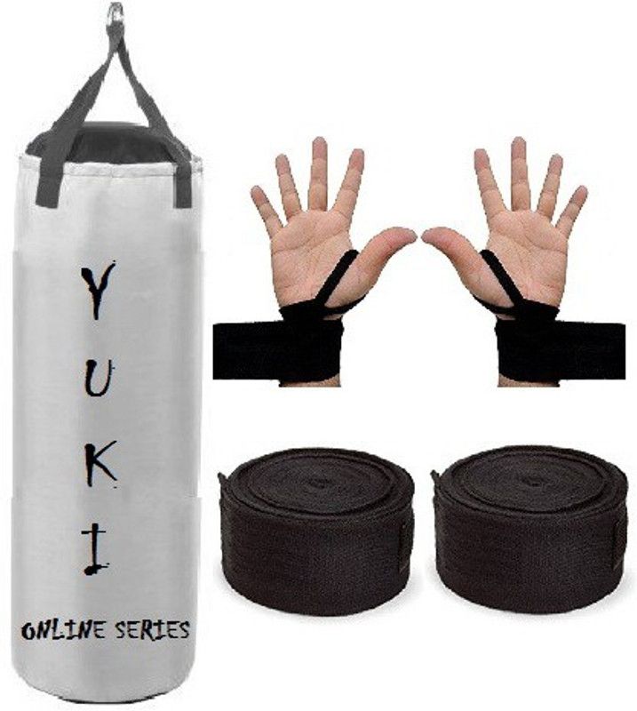 YUKI Online Series 1.5 Feet Long, Synthetic Leather Material, White Color, Unfilled with Hanging Straps with 9 Feet Long Black Color Hand Wraps Pair Boxing Kit