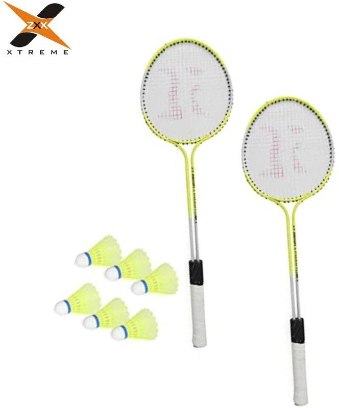 ZXX XTREME T-90-ZX Double Rod Alloy Steel Badminton Racquet Set free shuttlecocks Pack of 6 Multicolor Strung Badminton Racquet  (Pack of: 2, 90 g)