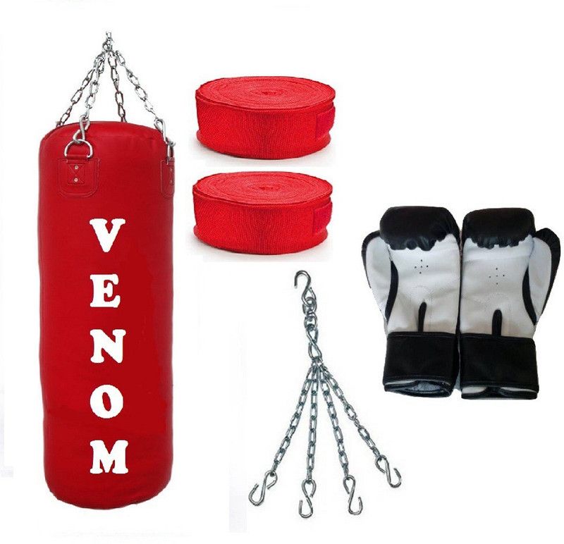 VENOM 8.0 Feet Long, PU Material, Red Color, Unfilled with Hanging Chain with 9 Feet Long Red Color Hand Wraps Pair & Boxing Gloves Pair Boxing Kit