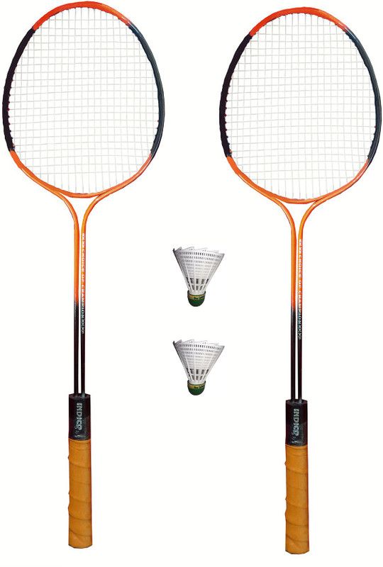 Indico Double shaft lightweight high quality badminton Racket set of 2 Orange Badminton Kit