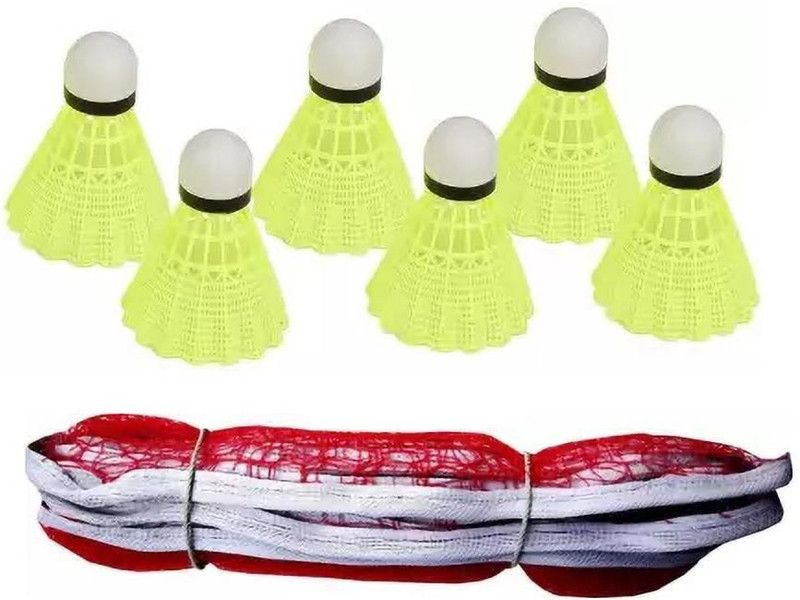 Monika Sports Pack of 6 pc Nylon Shuttle + 1 badminton Net Badminton Kit