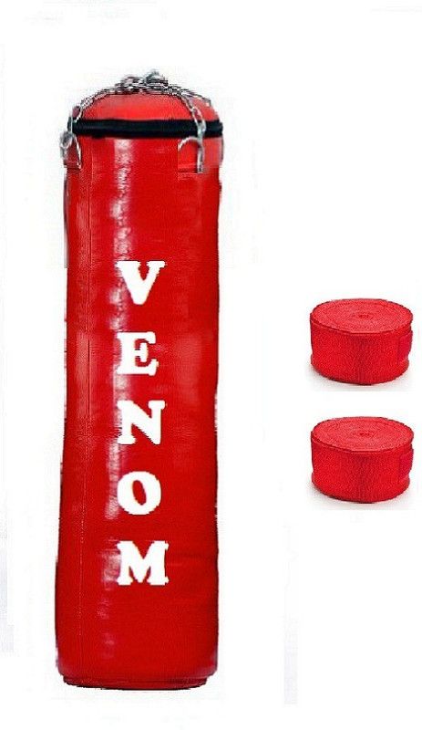 VENOM 5.5 Feet Long, SRF - STANDARD Material, RED Color, Unfilled with Hanging Chain and 9 Freet Long RED Color Hand Wrap Pair Boxing Kit