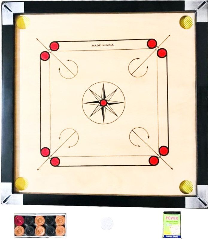 AARAV SPORTS Carrom Board Medium 26-26 Inch with Gloss Finish, Powder 2 Set Coins and Strikers 3 cm Carrom Board  (Black, Beige)
