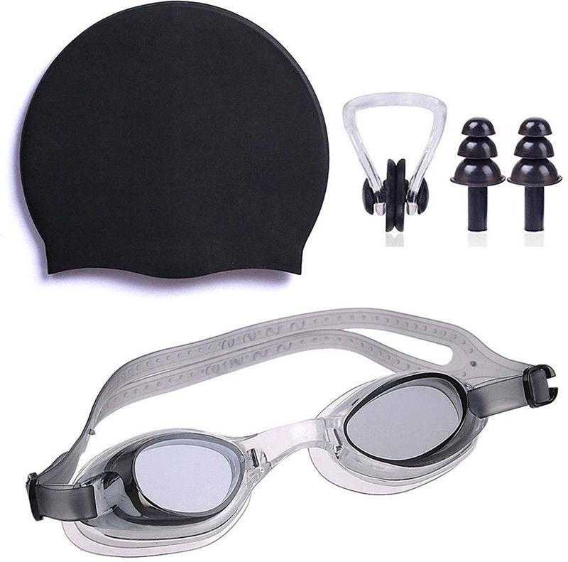 LYCAN Swimming Cap , Google , Ear plug & Nose Clip # Black Swimming Kit Swimming Kit