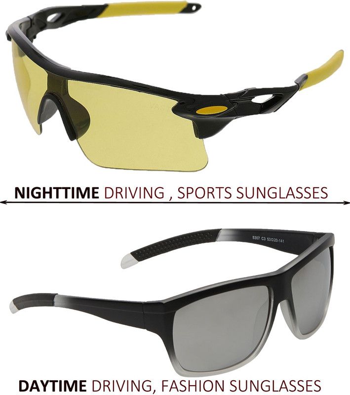 VAST Combo Of All Day And Night Vision Biking , Driving And Sports Goggles  (Grey, Yellow)