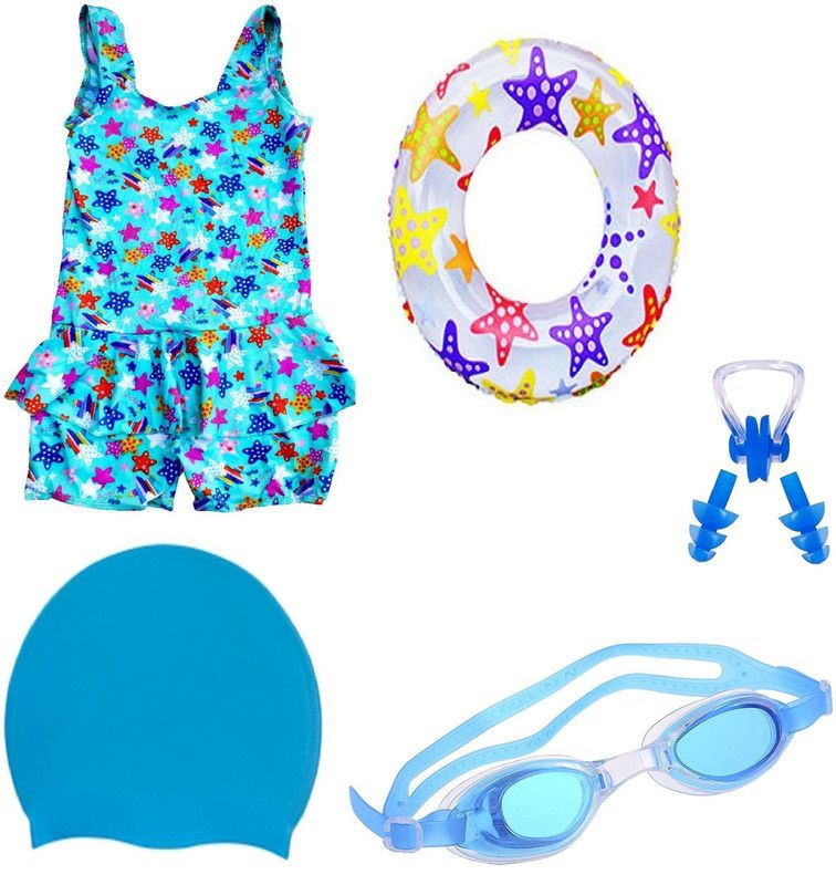 ArrowMax HIGH QUALITY Baby Girls BLUE SWIMMING COSTUME (3-4 Years) GOGGLES CAP 2 EARPLUG NOSE CLIP SWIMSUIT with Swim Ring Swimming Kit
