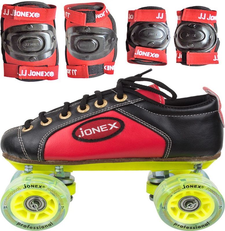 JONEX Professional shoe skate Combo with knee and elbow Guards and Free skate bag size 4 Junior (23.5 cms) Age 11-12 Skating Kit