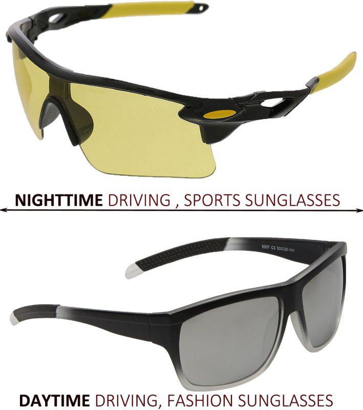 VAST Combo Of All Day And Night Vision Biking , Driving And Sports Goggles  (Grey, Yellow)