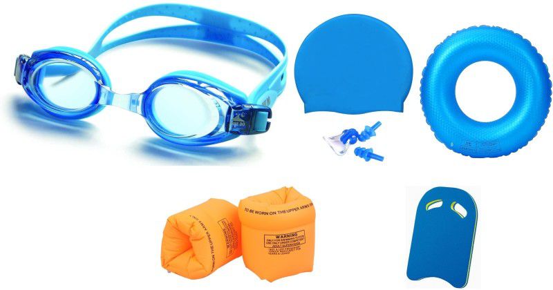 YUKI MULTICOLOR COLOR GOGGLES, CAP WITH EAR, NOSE PLUG, 60 CENTIMER TUBE, ARM FLOTS & KICK BOARD Swimming Kit