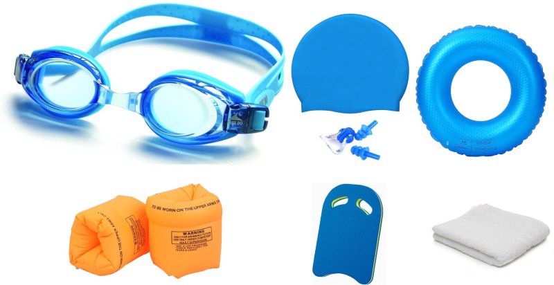 YUKI MULTICOLOR COLOR GOGGLES, CAP WITH EAR, NOSE PLUG, 70 CENTIMER TUBE, ARM FLOTS, KICK BOARD & TOWEL Swimming Kit