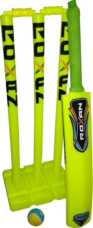 Roxan Foricx New Plastic Stumps Full Set/3 Stumps with One Base,Two Bails/One No-5 Plastic Bat/One Tennis Ball in Parrot Green Color Cricket Kit