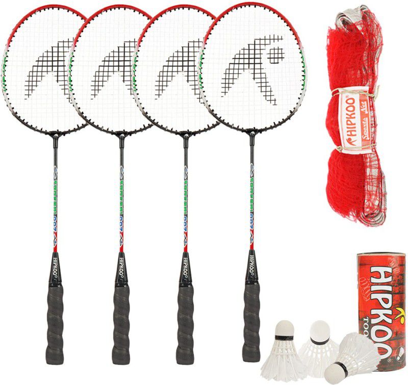 Hipkoo Sports Toofani Wide Body Badminton Rackets Set Of 4 with 3 Feather Shuttles and Net Badminton Kit