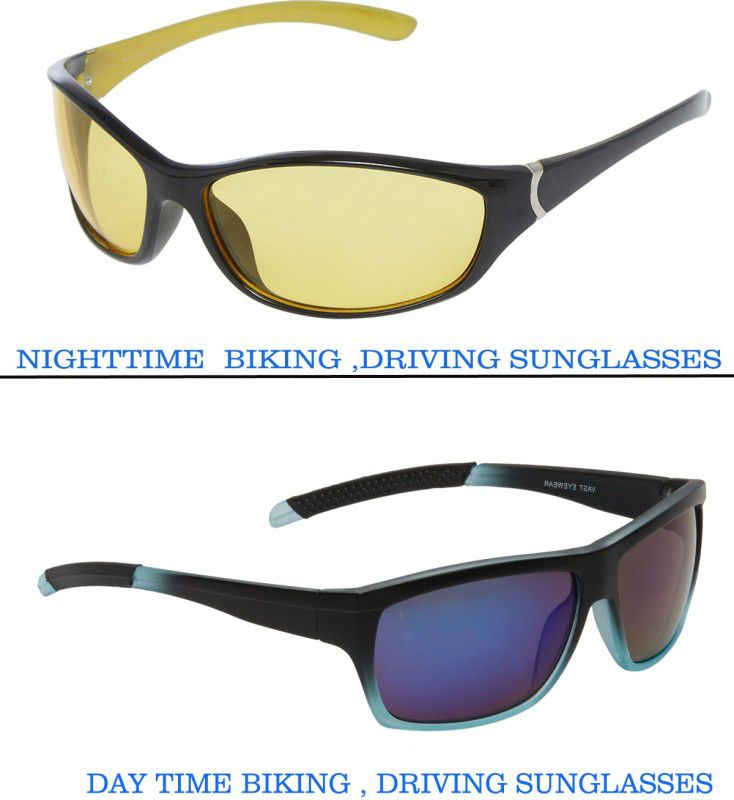 VAST Combo Of 2 All Day And Night Vision Biking , Driving And Wayfrer Sports Goggles  (Blue, Yellow)