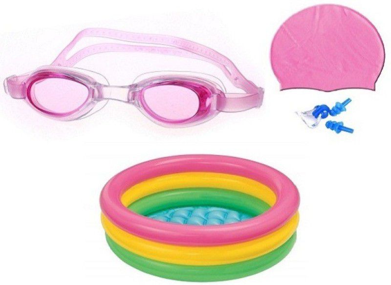YUKI PINK COLOR GOGGLES, CAP WITH EAR & NOSE PLUG, 3 FEET MULTICOLOR TUB Swimming Kit