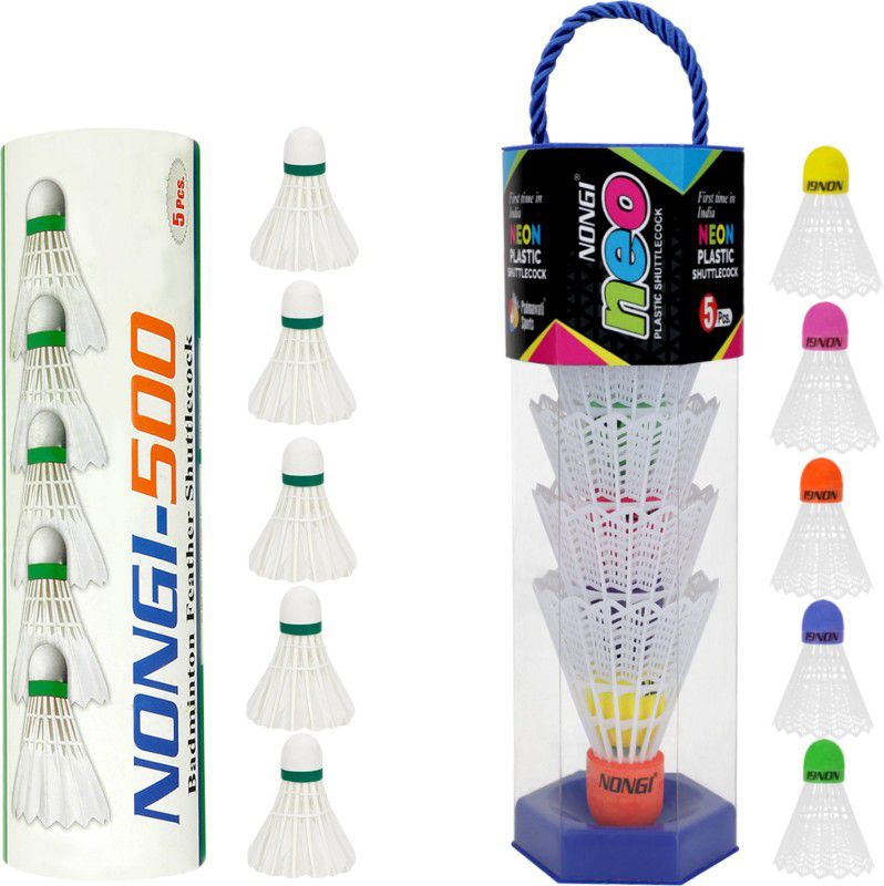 Nongi Badminton Shuttle (NEO & 500) Combo Pack Of 10 For Badminton Sports Feather & Plastic Shuttle - White  (Medium, 77, Pack of 10)