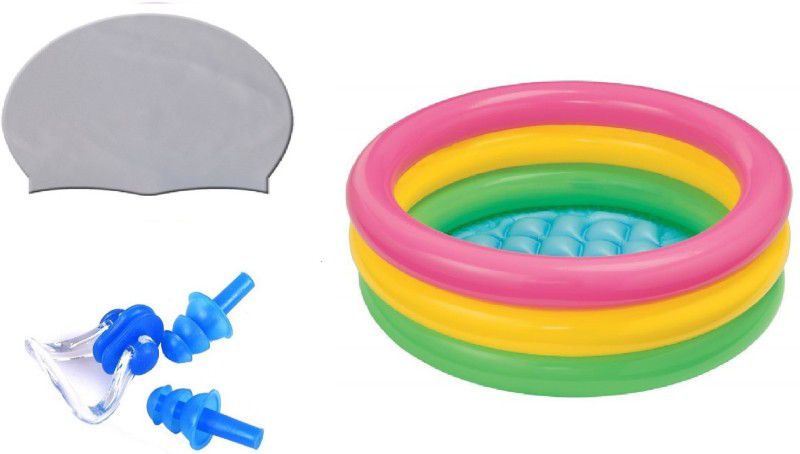 YUKI SILVER COLOR SWIMMING CAP WITH EAR & NOSE PLUG, 2 FEET MULTICOLOR TUB Swimming Kit