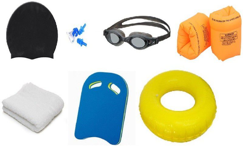 YUKI MULTICOLOR GOGGLES, CAP WITH EAR, NOSE PLUG, 80 CENTIMER TUBE, ARM FLOTS, KICK BOARD & TOWEL Swimming Kit