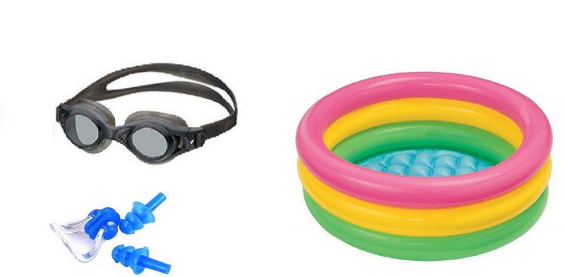 YUKI BLACK COLOR GOGGLES, EAR & NOSE PLUG, 3 FEET MULTICOLOR TUB Swimming Kit