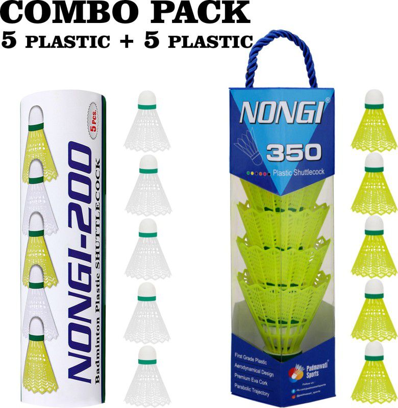 Nongi Badminton shuttle (200 & 350 ) combo pack of 10 shuttlecok for badminton sports Plastic Shuttle - Yellow, White  (Medium, 77, Pack of 10)