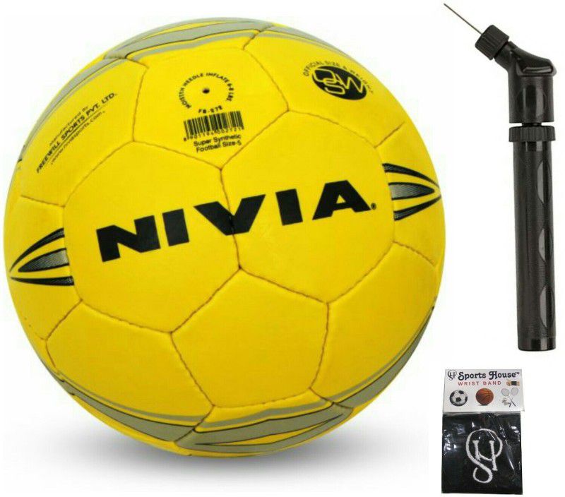 NIVIA Super Synthetic Football - Size 5 (Pack of 1) + Ball Pump Double Action (Pack of 1) with SportsHouse Cotton Wrist Band Football Kit