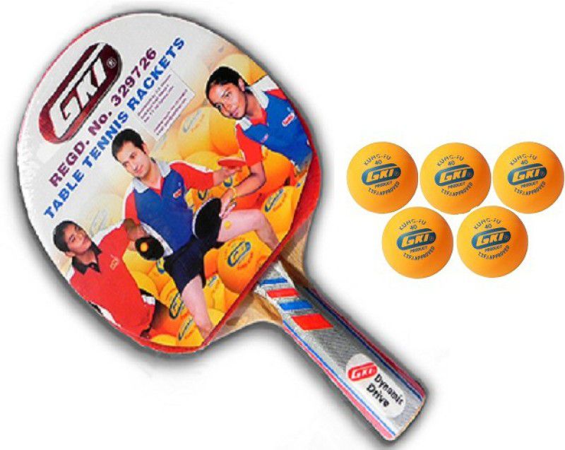 GKI Combo of Two, One 'Dynamic Drive' table tennis racquet and Five 'KUNG FU' Ping Pong Balls- Table Tennis Kit