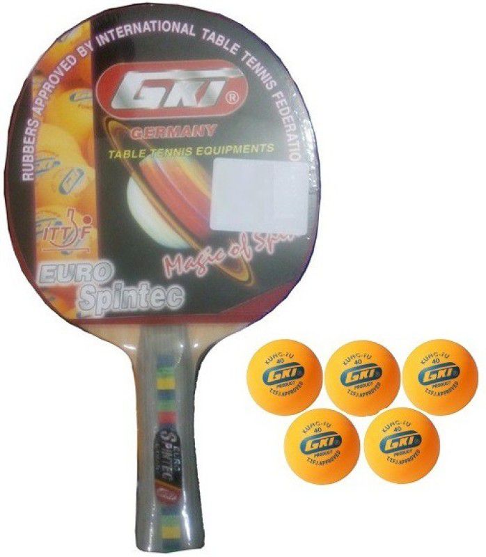 GKI Combo of Two, One 'Euro Spintec' table tennis racquet and Five 'KUNG FU' Ping Pong Balls- Table Tennis Kit