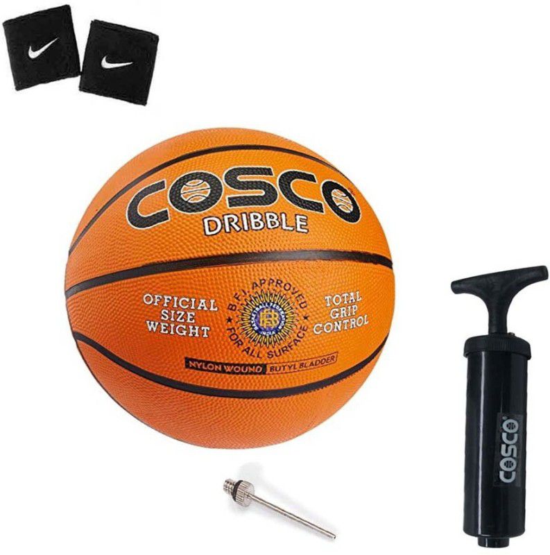 COSCO Basketball Dribble ( Size-5 ) with Pump, 2 Band Basketball Kit