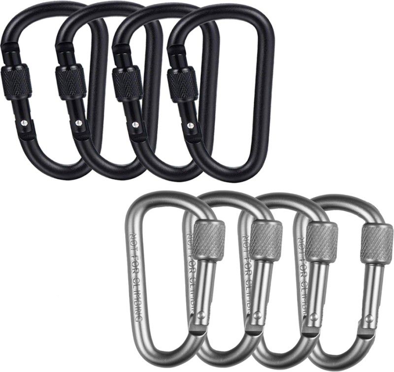 StealODeal Sliver Aluminium D Shaped Hook(Combo of 8) Locking Carabiner  (Silver, Black)