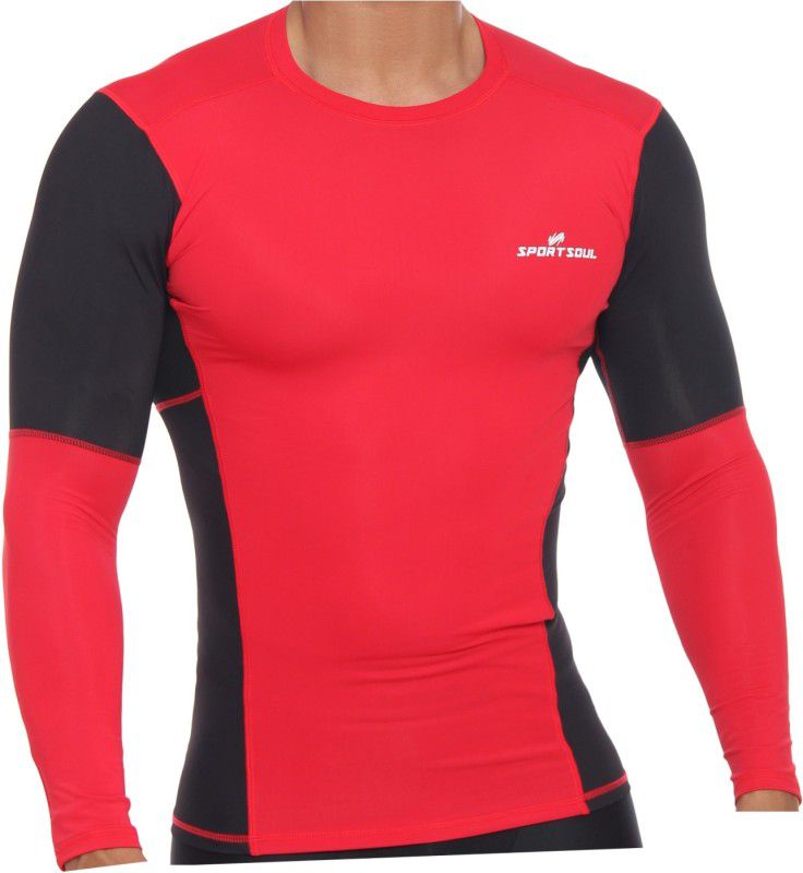 SportSoul Nylon Compression Gym T-shirt for Men Compression  (Red, Black Full Sleeve)