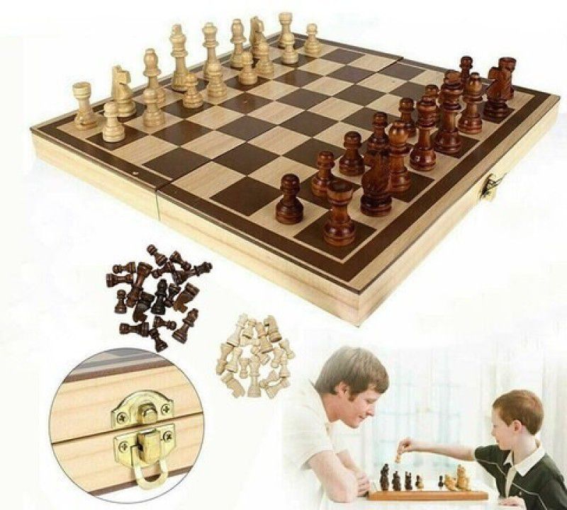 HHS SPORTS Wooden Chess Board with 32 Wooden Chess pawns 35.5 cm Chess Board  (Brown)
