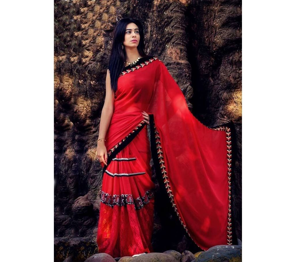 Half Net Half Georgette Red Sharee 