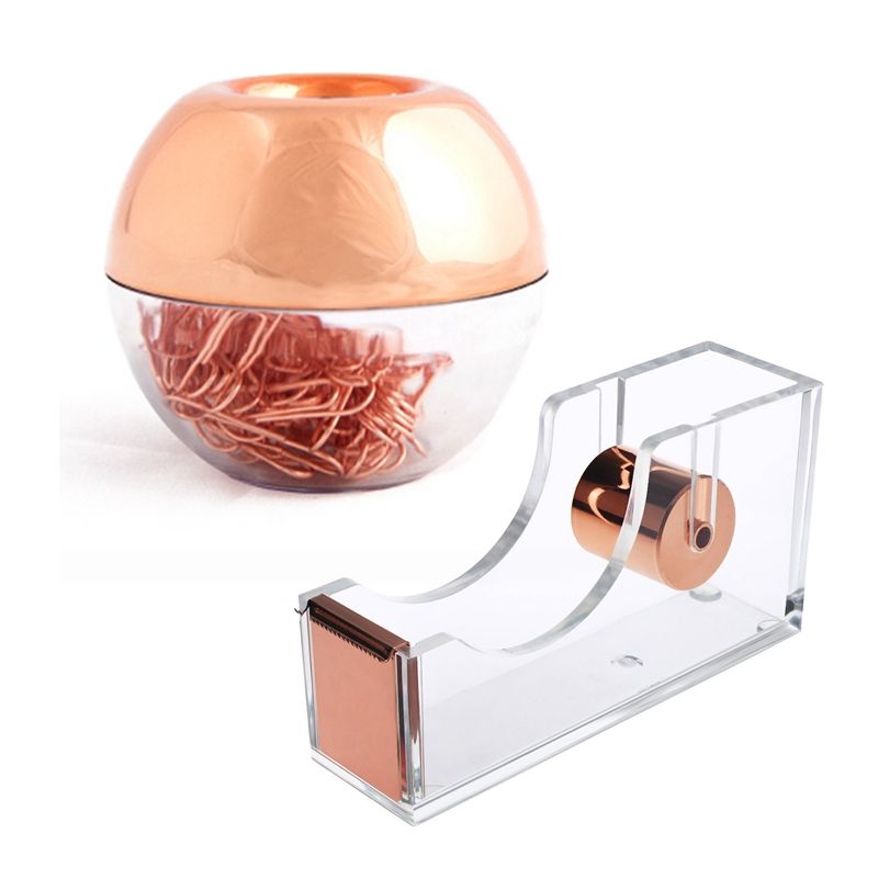 100Pcs Paper Clips in Rose Gold Magnetic Clip Dispenser & 1Pcs Acrylic Tape Dispenser Clear Rose Gold