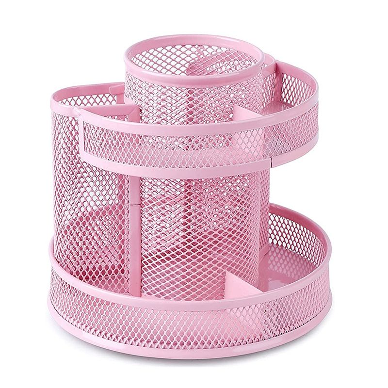 Cute Rotate Desk Organizer Mesh Desk Accessories Pen Holder Spinning Pencil Storage for School Office Supplies - Pink