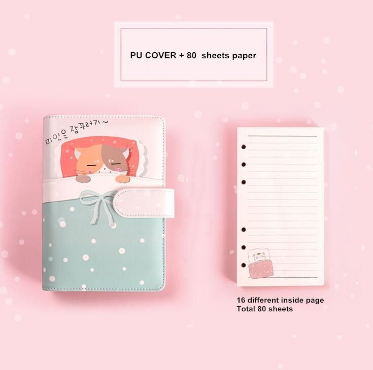 Sharkbang  Arrival Sleeping Dream Cat 80 Sheets A5 A6 PU Loose-leaf Diary Notebook Journals Agenda Gift Set Kawaii Stationery