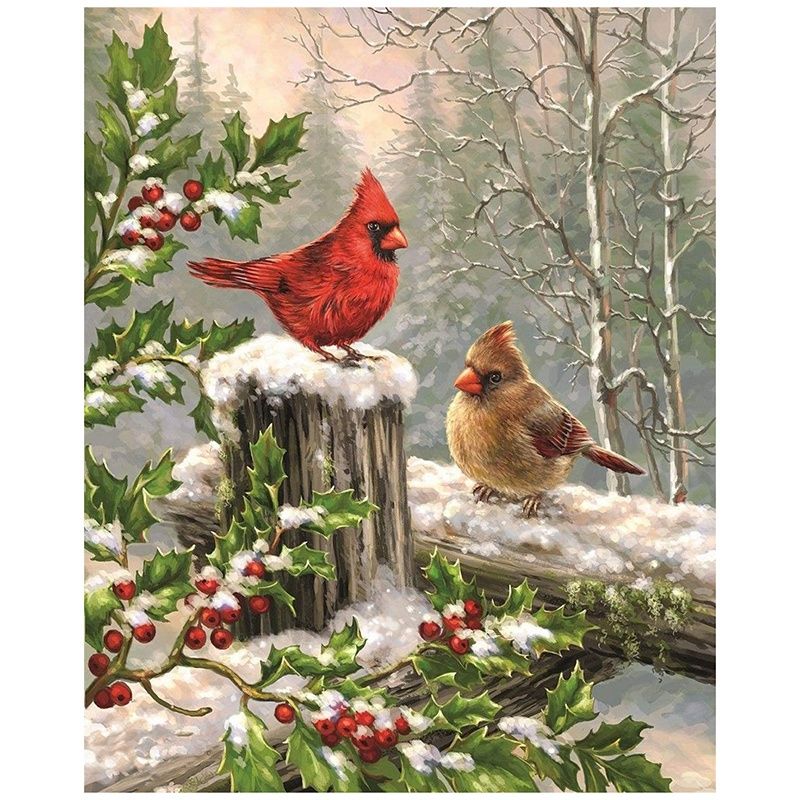 Diamond Painting Full Circle Diamond Kit Rhinestone Picture Art Craft Home Door Decoration (Cardinals in the Snow)