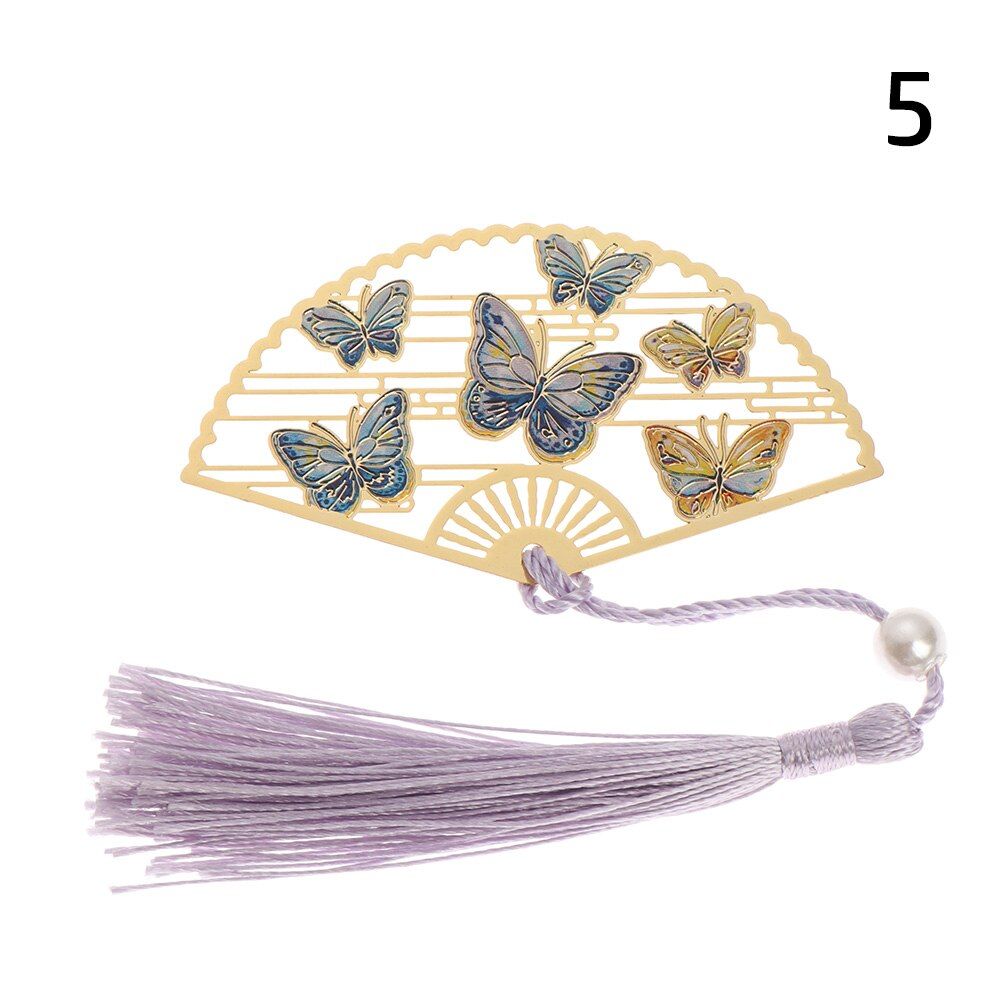 Chinese Style Brass Bookmark Folding Fan Shape Book Clip Pagination Mark Crane Flower Tassel Stationery School Office Supplies