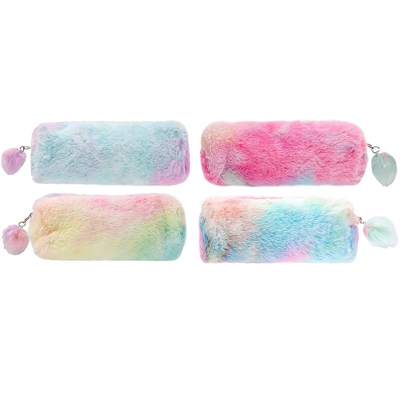 4Pcs Cute Plush Gradient Color Pencil Cases Zipper Pen Storage Pouch Multipurpose Makeup Pouch for Office Stationery