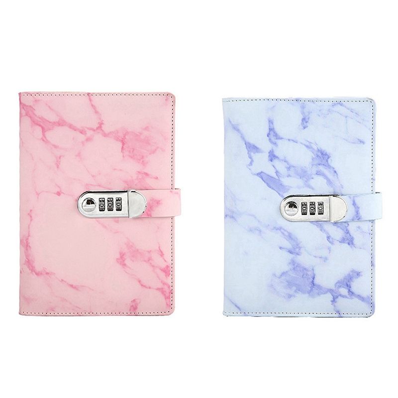 2x A5 Marble Texture Journal Writing Notebooks with Combination Lock Personal Diary Office Notepad Agenda Pink & Purple