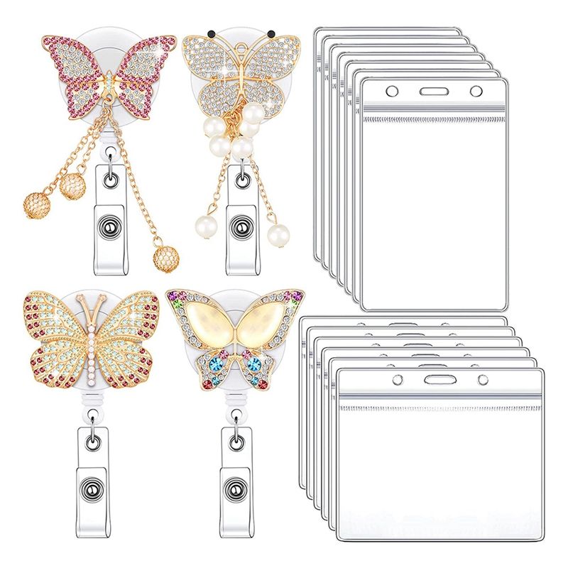 4Pcs Butterfly Retractable Badge Reel Set with 16 Transparent Waterproof ID Card Holder for Nurse Volunteer Student
