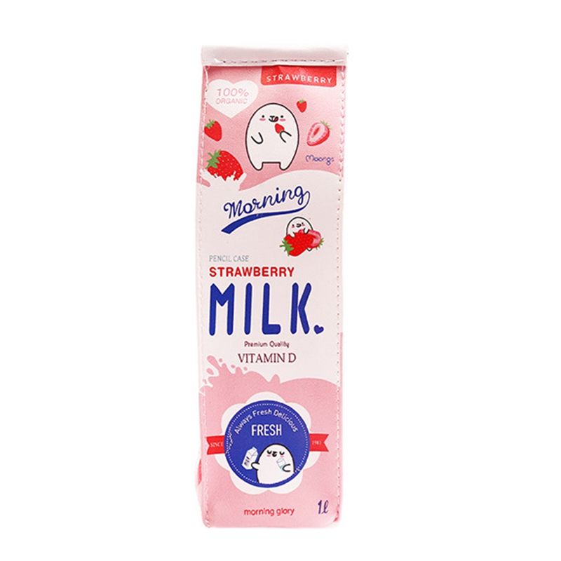 Stationery Bag Milk Cartoon Pencil Case Waterproof PU Material Large Capacity Pencil Case Storage Bag (Pink)