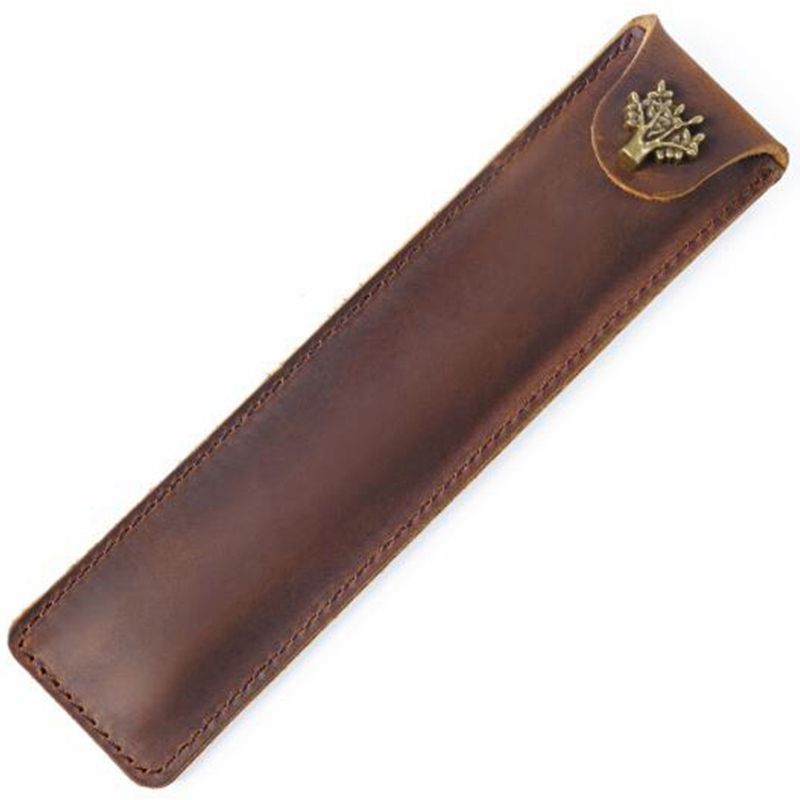 Leather Pen Pouch Holder Single Pencil Bag Pen Case with Snap Button for Rollerball Fountain Ballpoint Pen-Brown