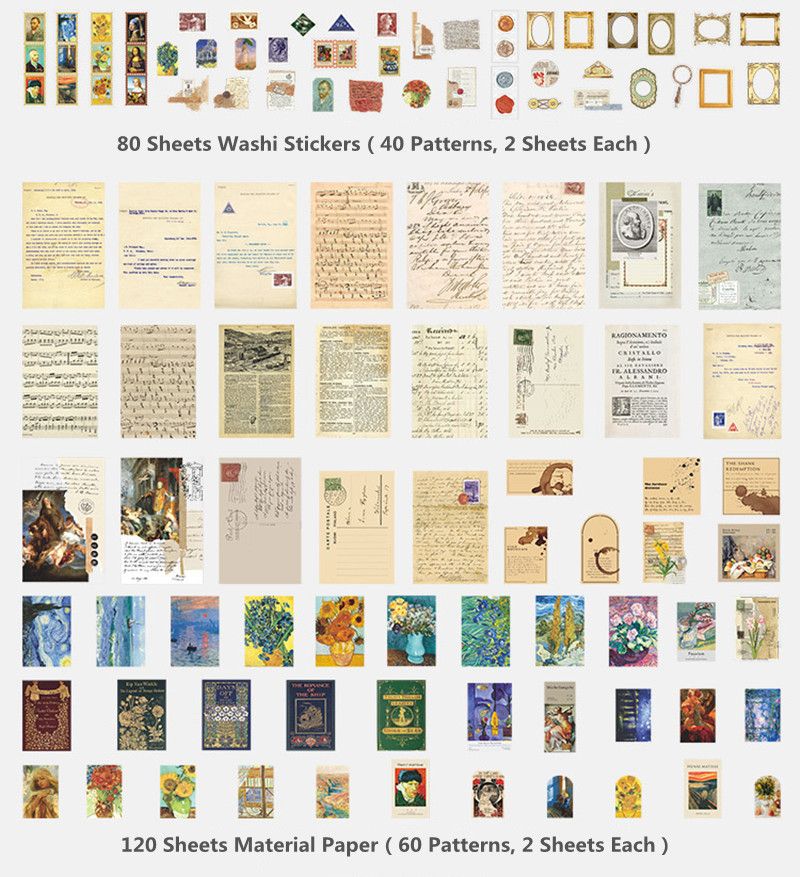RHS Online 200PCS Retro Basic Material Paper Set Vintage Stickers Memo Album Journal Planner Diary Scrapbooking Sticker