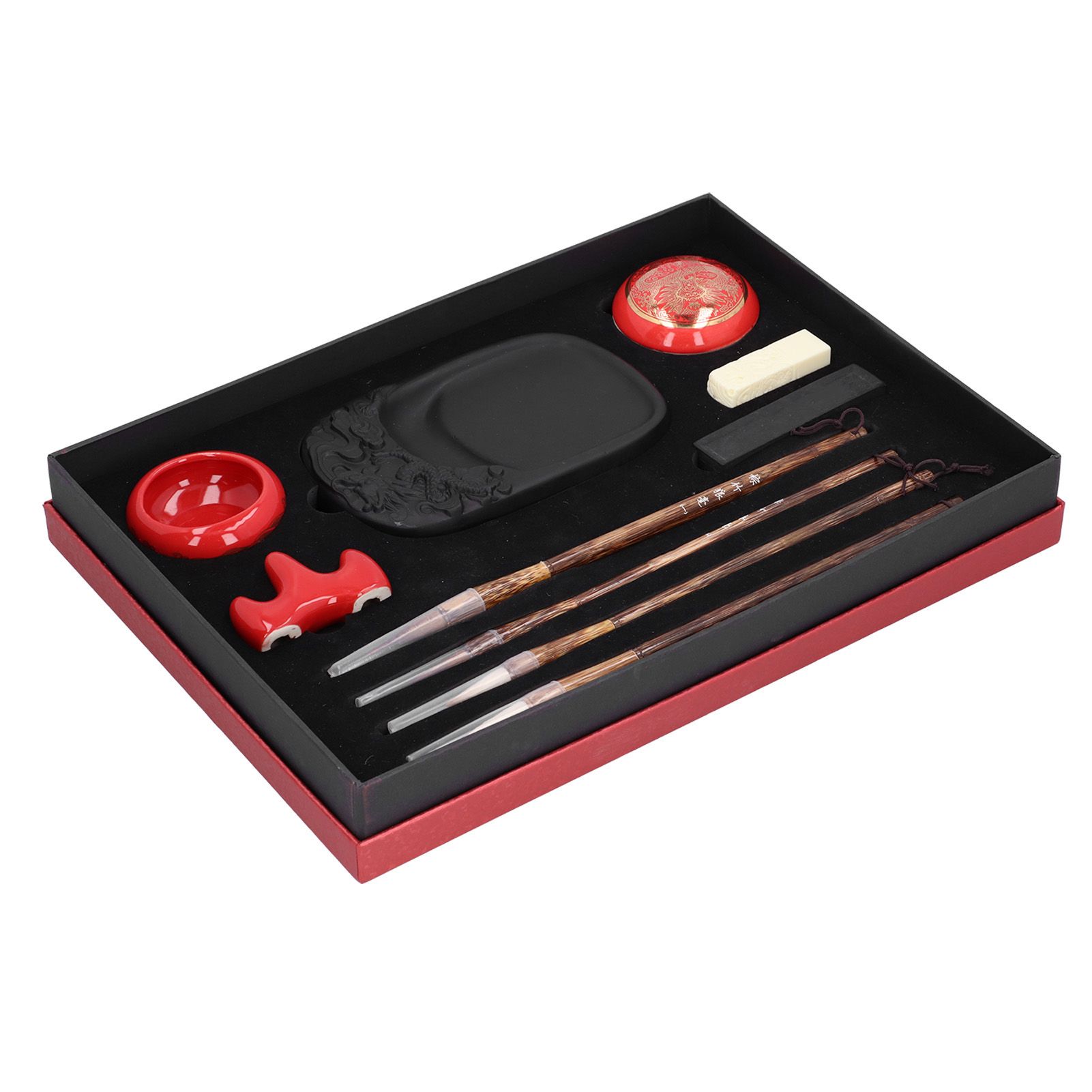 Red Porcelain Chinese Calligraphy Boxed Set Brush Pen + Ink Paper Inkstone