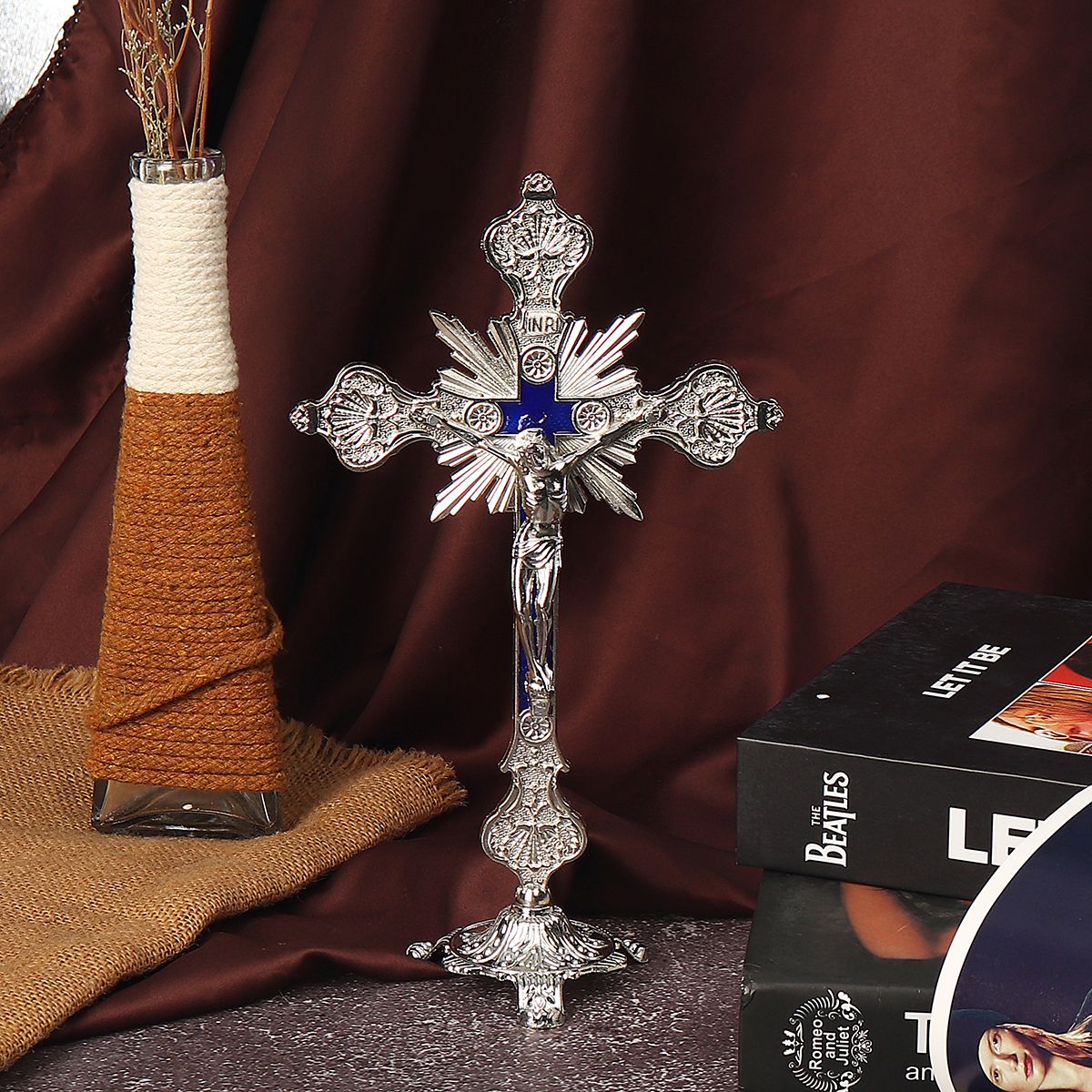 Antique Catholic Altar Stationery Standing Religious Crucifix With Base - Blue